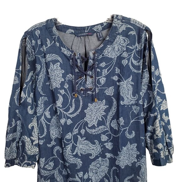 Isaac Mizrahi Live Sz 12 Dress Denim Chambray Floral Print Split Sleeves Lace Up - Picture 7 of 15